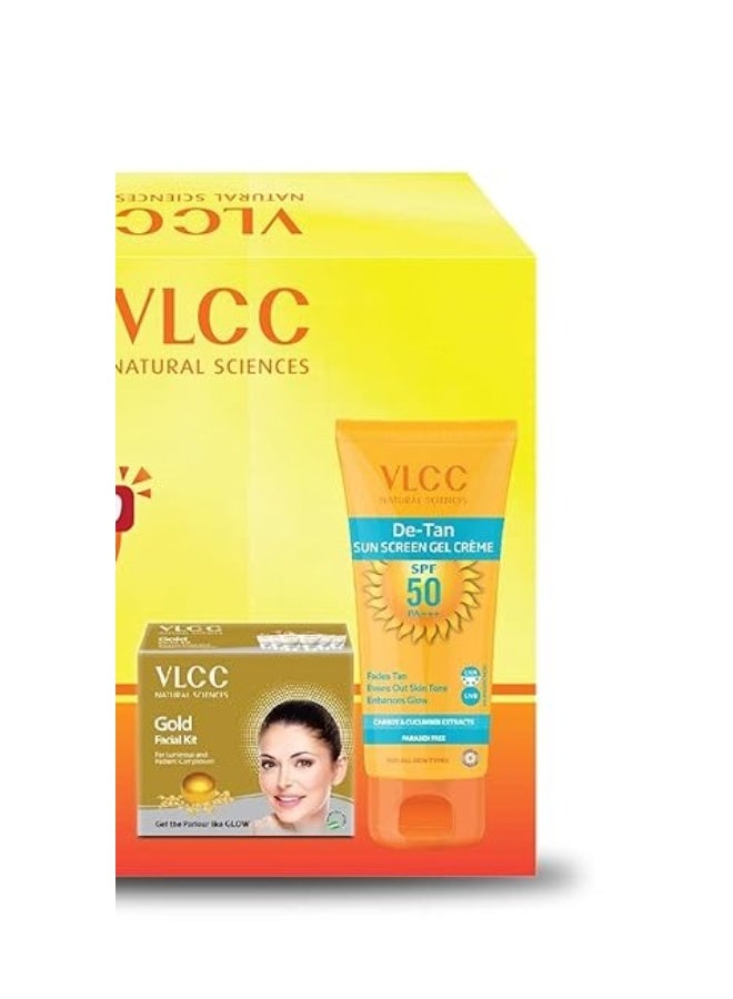 VLCC Gold Facial Kit (60gm) & De Tan SPF 50 PA+++ Sun Screen Gel (100gm), White - Image 1